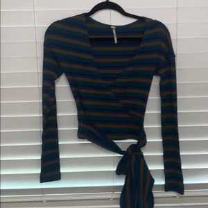 Free People Striped Long Sleeve Wrap Top - Blue and Brown